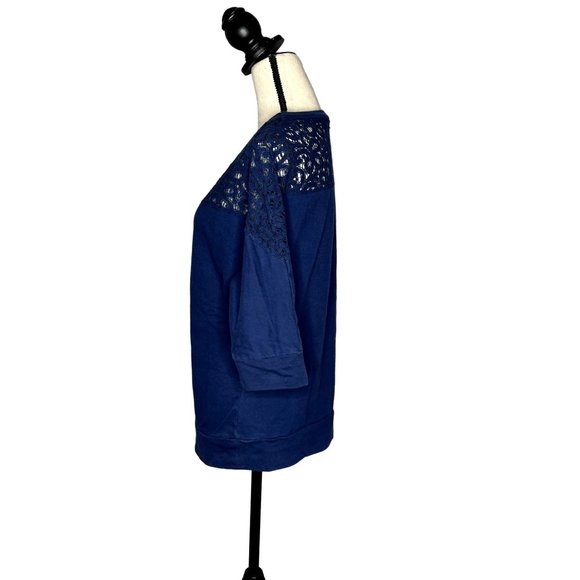 A.n.a. Blue 3/4 Sleeve Lace Yoke Round Neck Cotton-Blend Top Size Small - Picture 4 of 7